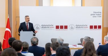 Foreign Minister Hakan Fidan addresses the conference, Vienna, Austria, April 30, 2026. (AA Photo)