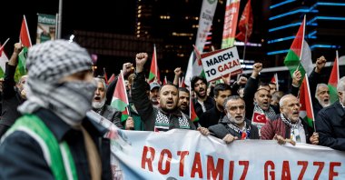 Pro-Palestinian demonstrators take part in a protest against Israel's interception of aid ships bound for Gaza in international waters, outside the Israeli consulate in Istanbul, April 30, 2026. (Reuters Photo)