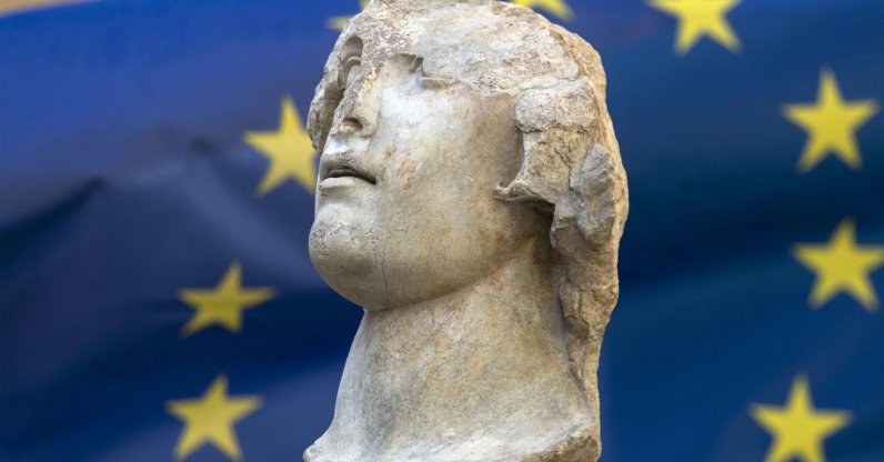 The head of a statue of Alexander the Great, one of the artworks repatriated from the U.S., during their presentation at the headquarters of the Carabinieri Command for the Protection of Cultural Heritage, Rome, Italy, April 29, 2026. (EPA Photo)