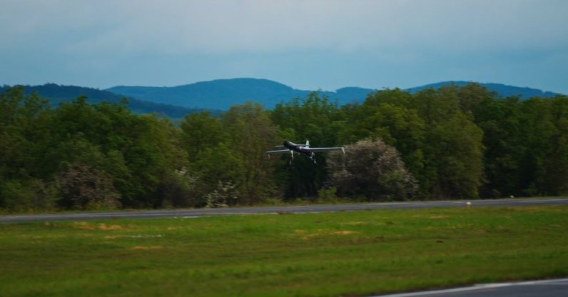 A general view of Baykar's new Mızrak intelligent and autonomous long-range loitering munition during a flight in this photo released on April 30, 2026. (IHA Photo)