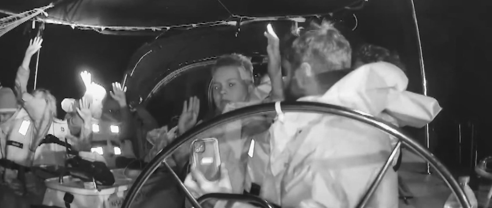 Footage from an onboard camera shows activists waiting with their hands up in the air during an Israeli attack on the Sumud flotilla, April 30, 2026. (DHA Photo) 