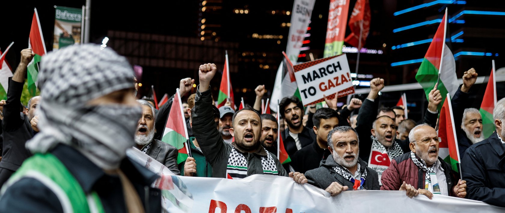 Pro-Palestinian demonstrators take part in a protest against Israel's interception of aid ships bound for Gaza in international waters, outside the Israeli consulate in Istanbul, April 30, 2026. (Reuters Photo)