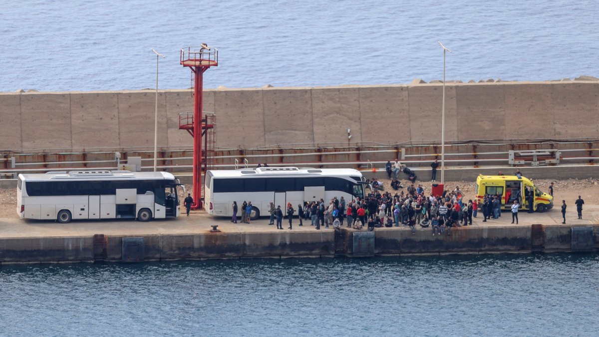 Activists of the Global Sumud Flotilla, which was intercepted on international waters by the Israeli Navy, prepare to board buses, at the port of Atherinolakkos, on the island of Crete, Greece, May 1, 2026. (Reuters Photo)