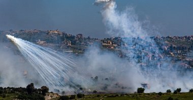 An explosion of what appears to be white phosphorus fired by the Israeli forces on the Lebanese side of the Israel-Lebanon border, as seen from the Israeli side of the border, April 30, 2026. (Reuters Photo)