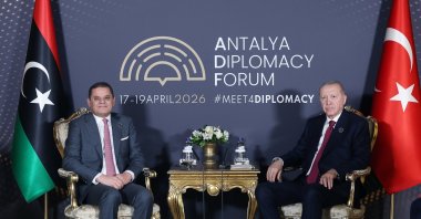 President Recep Tayyip Erdoğan meets with Libyan Prime Minister Abdul Hamid Dbeibeh (L) on the sidelines of the 5th Antalya Diplomacy Forum in southern Antalya province, Türkiye, April 18, 2026. (AA Photo)