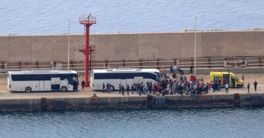 Activists of the Global Sumud Flotilla, which was intercepted on international waters by the Israeli Navy, prepare to board buses, at the port of Atherinolakkos, on the island of Crete, Greece, May 1, 2026. (Reuters Photo)