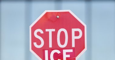 A "Stop ICE” sign is displayed outside of a Home Depot store on Wilshire Boulevard that was previously the site of US Customs and Border Protection (CBP) Border Patrol arrests of day laborers in the Westlake MacArthur Park neighborhood, Los Angeles, U.S., April 24, 2026. (AFP Photo)