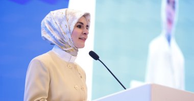 Family and Social Services Minister Mahinur Özdemir Göktaş delivers a speech at an event in Ankara, Türkiye, April 22, 2026. (AA Photo)