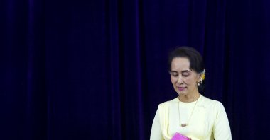 Myanmar State Counsellor Aung San Suu Kyi leaves after delivering an address before students of the Yangon University general assembly, Yangon, Myanmar, Aug. 28, 2018. (AFP Photo)