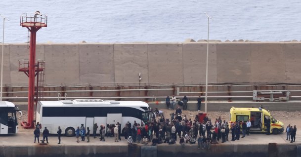 Activists from the Global Sumud Flotilla stand at the port of Atherinolakkos on the island of Crete after disembarking from a Greek Coast Guard vessel, following their interception by the Israeli Navy in international waters, May 1, 2026. (AFP Photo)