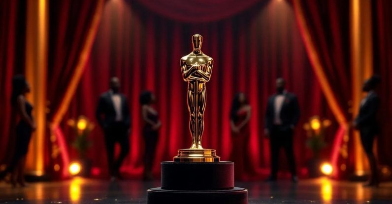 An Oscar-themed night party background with an Oscar trophy.