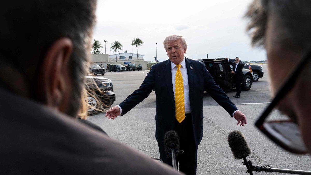 U.S. President Donald Trump speaks to journalists before boarding Air Force One at Palm Beach International Airport, in Palm Beach, Florida, U.S., May 2, 2026. (AFP Photo)