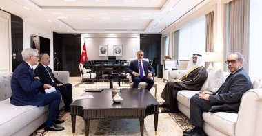 Foreign Minister Hakan Fidan (C) meets with Kuwait's then-deputy foreign minister, Sheikh Jarrah Jaber Al Ahmad Al Sabah, Ankara, Türkiye, April 24, 2025. (AA Photo)