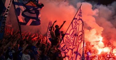 Schalke supporters celebrate their promotion to the German top tier after winning their Bundesliga 2 match against Fortuna Düsseldorf, Gelsenkirchen, Germany, May 2, 2026. (AA Photo)