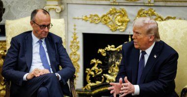 U.S. President Donald Trump (R) and German Chancellor Friedrich Merz hold a bilateral meeting in the Oval Office at the White House in Washington, DC, U.S., March 3, 2026. (EPA Photo)