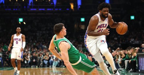 Philadelphia 76ers' Joel Embiid run against Celtics' Luka Garza during their NBA playoffs game, in Boston, Massachusetts, U.S., May 02, 2026. (AFP Photo)