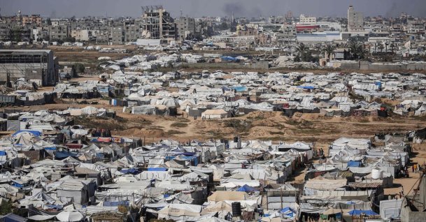 Tents are erected on empty land to create a displacement camp for the millions of displaced Palestinian families forced from their homes during Israel's bombardment of the Gaza Strip, in Bureij camp in the central Gaza Strip, May 1, 2026. (AFP Photo)