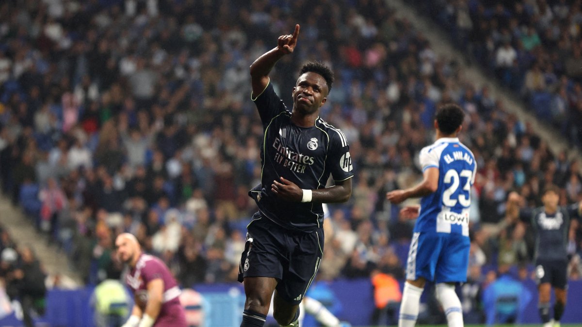 Real Madrid's Vinicius Junior celebrates scoring their second goal in La Liga match against Espanyol at RCDE Stadium, Cornella de Llobregat, Spain, May 3, 2026. (Reuters Photo)