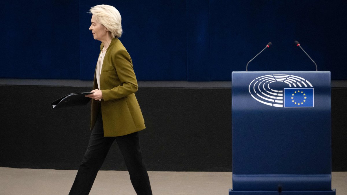 European Commission President Ursula von der Leyen leaves after giving a speech at the European Parliament, Strasbourg, France, April 29, 2026. (AFP)
