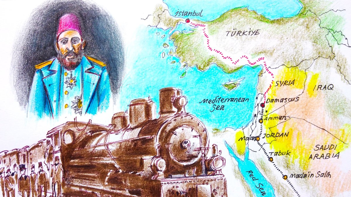"Originally commissioned by Abdulhamid II, the Hejaz Railway stood as one of the Ottoman Empire’s flagship infrastructure projects of the early 20th century." (Illustration by Erhan Yalvaç)