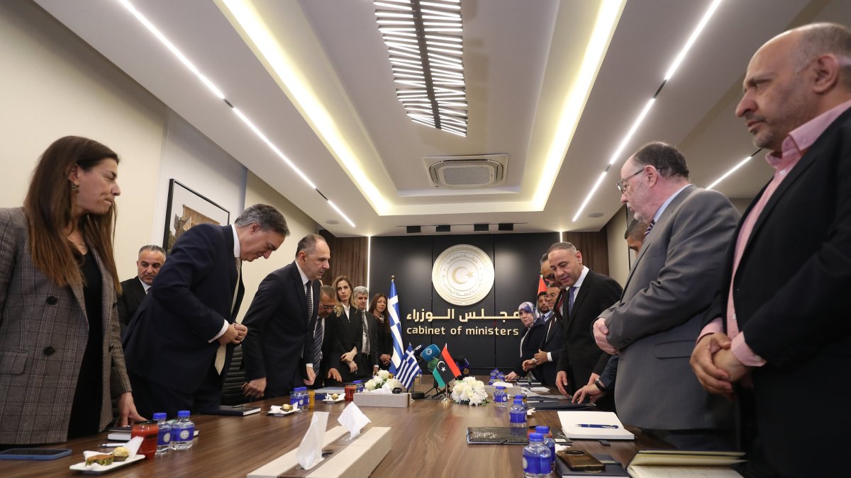 Libya's acting Foreign Minister Taher Al-Baour (3rd-R) meets with Greek Foreign Minister George Gerapetritis (3rd-L), Tripoli, Libya, April 27, 2026. (EPA Photo)