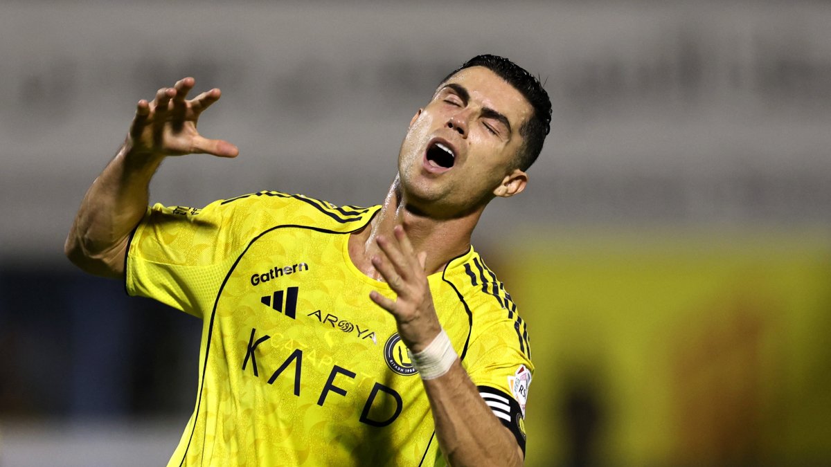Al Nassr's Cristiano Ronaldo reacts after missing a chance to score during the  Saudi Pro League match against Al Qadsiah at Prince Mohammed Bin Fahd Stadium, Dammam, Saudi Arabia, May 3, 2026. (Reuters Photo)