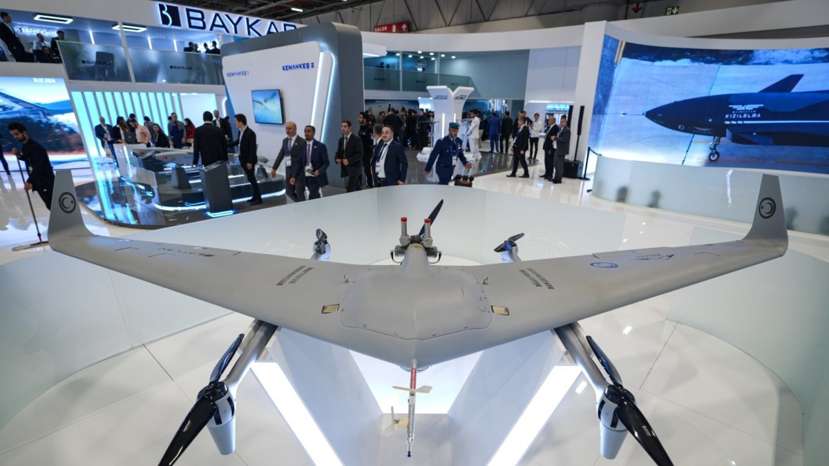 A Bayraktar Kalkan VTOL developed by Turkish defense giant Baykar is on display during the SAHA EXPO, Istanbul, Türkiye, Oct. 22, 2024. (AA Photo)