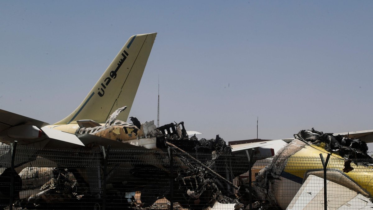 Heavily damaged aircraft are seen at Khartoum International Airport in Khartoum, April 28, 2026. (AFP Photo)