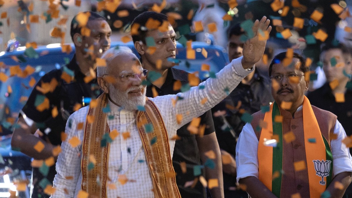 India's Prime Minister and Bharatiya Janata Party (BJP) leader Narendra Modi (C) and BJP President Nitin Nabin (R) arrive at party headquarters in New Delhi, India, May 4, 2026. (EPA Photo)