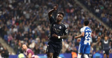 Real Madrid's Vinicius Junior celebrates scoring their second goal in La Liga match against Espanyol at RCDE Stadium, Cornella de Llobregat, Spain, May 3, 2026. (Reuters Photo)
