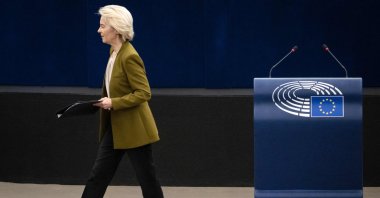 European Commission President Ursula von der Leyen leaves after giving a speech at the European Parliament, Strasbourg, France, April 29, 2026. (AFP)