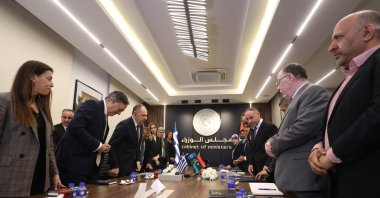 Libya's acting Foreign Minister Taher Al-Baour (3rd-R) meets with Greek Foreign Minister George Gerapetritis (3rd-L), Tripoli, Libya, April 27, 2026. (EPA Photo)