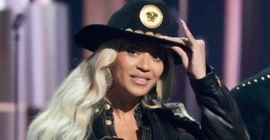 Beyonce, left, accepts the Innovator Award as presenter Stevie Wonder looks on during the iHeartRadio Music Awards,  in Los Angeles, U.S., April 1, 2024. (AP Photo)