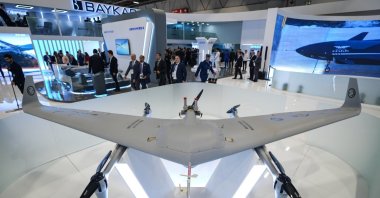 A Bayraktar Kalkan VTOL developed by Turkish defense giant Baykar is on display during the SAHA EXPO, Istanbul, Türkiye, Oct. 22, 2024. (AA Photo)