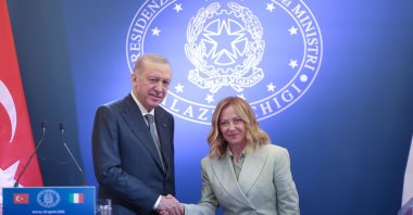 President Recep Tayyip Erdoğan and Italian Prime Minister Giorgia Meloni shake hands following their meeting at Villa Pamphilj, Rome, April 29, 2025. (Shutterstock Photo)