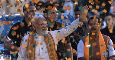 India's Prime Minister and Bharatiya Janata Party (BJP) leader Narendra Modi (C) and BJP President Nitin Nabin (R) arrive at party headquarters in New Delhi, India, May 4, 2026. (EPA Photo)