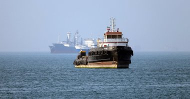 The Iran-flagged tugboat Basim sails near a ship anchored in the Strait of Hormuz off Bandar Abbas in southern Iran, May 4, 2026. (AFP Photo)