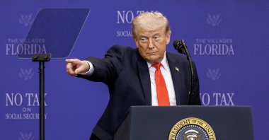 U.S. President Donald Trump gestures as he delivers remarks during an event with seniors in The Villages, Florida, May 1, 2026. (EPA Photo)