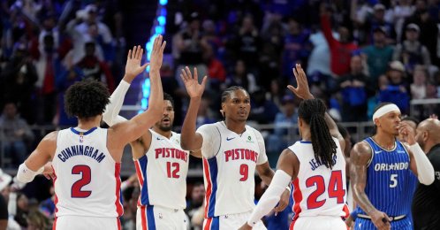 (L-R) Detroit Pistons Cade Cunningham, Tobias Harris, Ausar Thompson and Daniss Jenkins celebrate a basket against Orlando Magic's Paolo Banchero during the second quarter in Game Seven of the First Round of the NBA Eastern Conference Playoffs at Little Caesars Arena, Detroit, U.S., May 3, 2026. (AFP Photo)