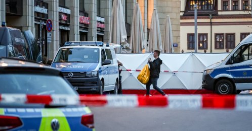 An investigator works at the scene after at least two people were killed and several others injured when a car drove into a crowd in a pedestrian zone in Leipzig, Germany, May 4, 2026. (EPA Photo)