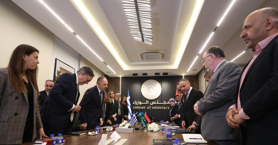 Libya's acting Foreign Minister Taher Al-Baour (3rd-R) meets with Greek Foreign Minister George Gerapetritis (3rd-L), Tripoli, Libya, April 27, 2026. (EPA Photo)