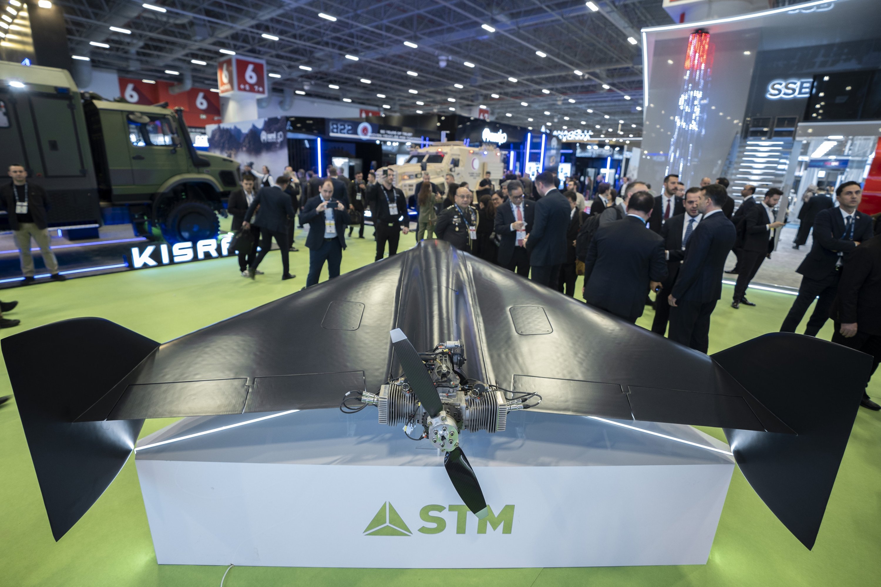 The Kuzgun long-range kamikaze unmanned aerial vehicle is on display at the SAHA 2026 trade show, Istanbul, Türkiye, May 5, 2026. (AA Photo)