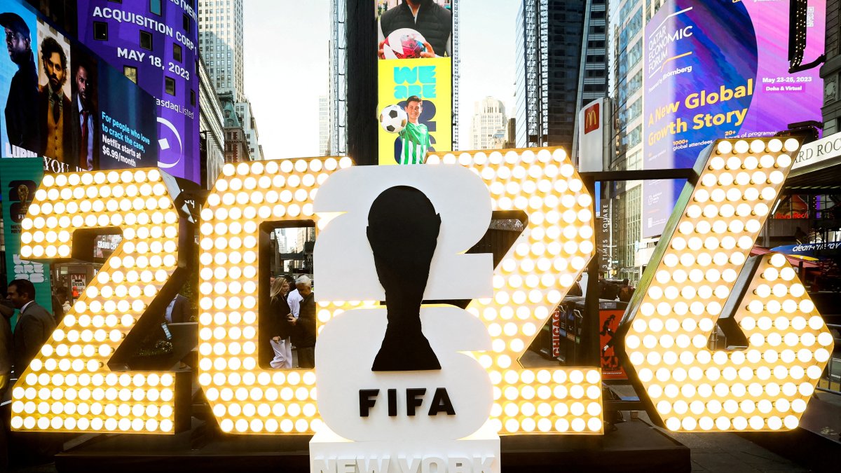 The New York/New Jersey's FIFA World Cup 2026 logo is revealed during the kickoff event in Times Square in New York City, U.S., May 18, 2023. (Reuters Photo)