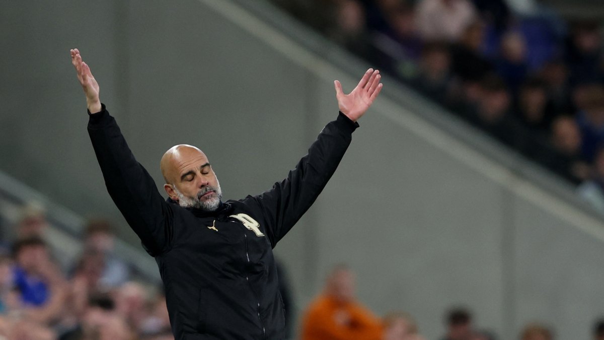 Manchester City manager Pep Guardiola reacts during the Premier League match against Everton at Hill Dickinson Stadium, Liverpool, Britain, May 4, 2026. (Reuters Photo)