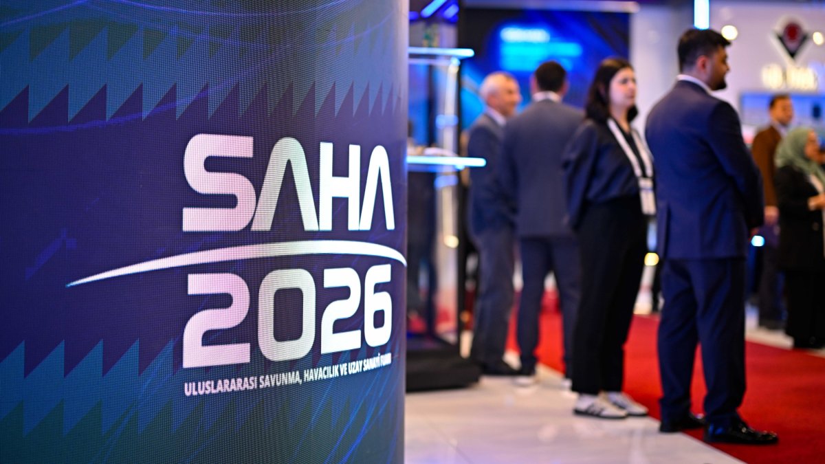 The SAHA 2026 logo is seen in the Istanbul Expo Center during the first day of the event, Istanbul, Türkiye, May 5, 2026. (AA Photo)