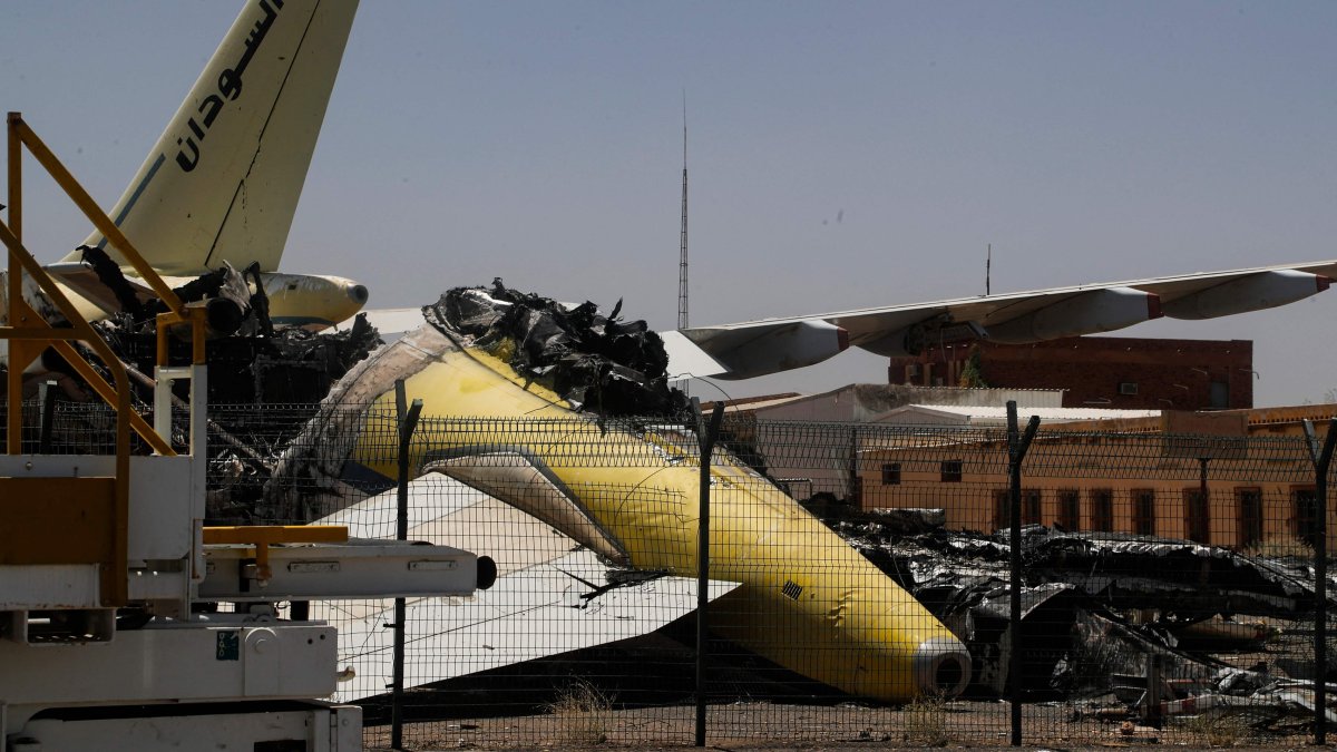 Heavily damaged aircraft are seen at Khartoum International Airport in Khartoum, Sudan, April 28, 2026. (AFP Photo)