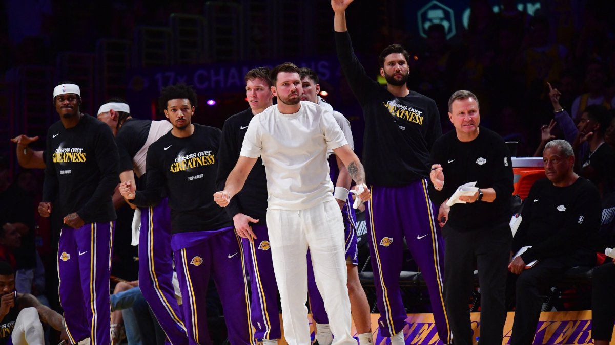 Los Angeles Lakers' Luka Doncic (C) and the bench react against the Houston Rockets during the second half in game five of the first round of the 2026 NBA Playoffs at Crypto.com Arena, Los Angeles, U.S., April 29, 2026. (Reuters Photo)