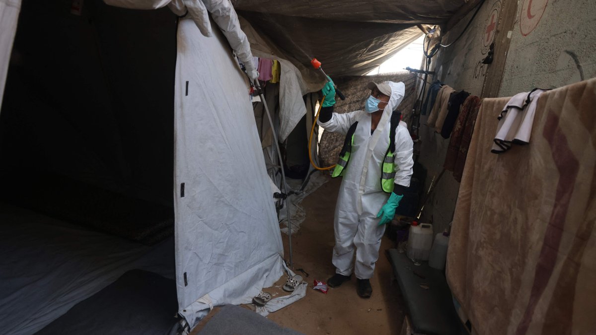 A displaced Palestinian working at the Khan Yunis municipality disinfects the pathways and tents at a displacement camp to eliminate insects and critters, following a significant infestation of pests among residents, in Khan Yunis, in the southern Gaza Strip, Palestine, April 22, 2026. (AFP Photo)
