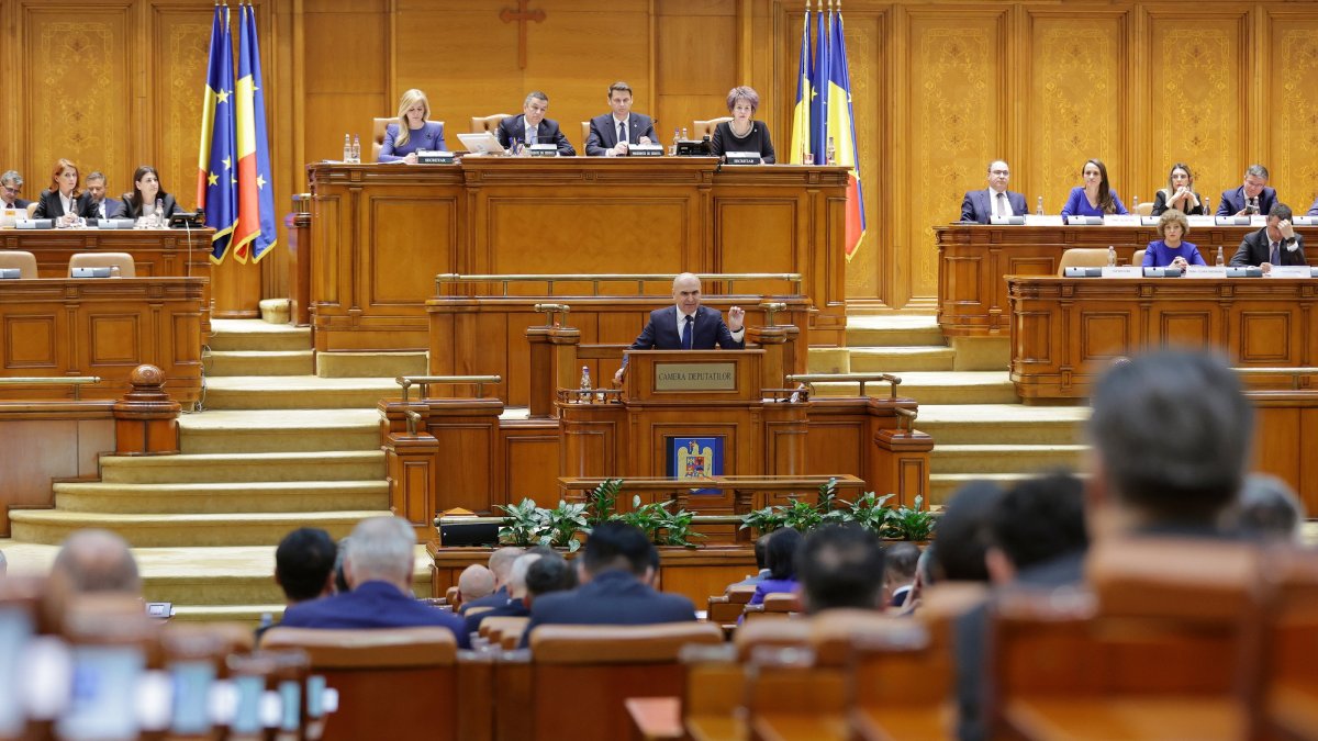 Romania's Prime Minister Ilie Bolojan delivers his speech before a no-confidence vote on his cabinet during a plenary session of the parliament in Bucharest, Romania, May 5, 2026. (EPA Photo)