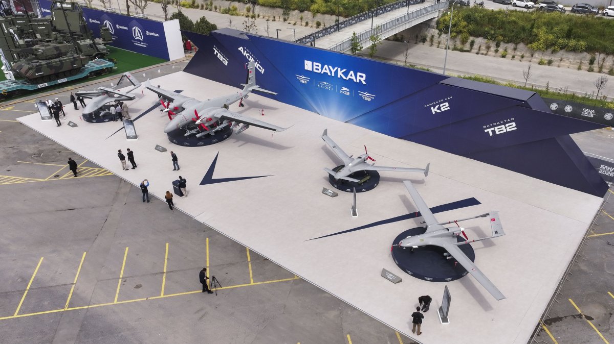 Drones manufactured by Turkish powerhouse Baykar are on display at the SAHA 2026 fair, Istanbul, May 5, 2026.
